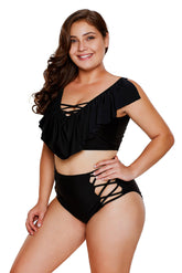 Black Frill Tankini Crisscross High Waist Swimsuit